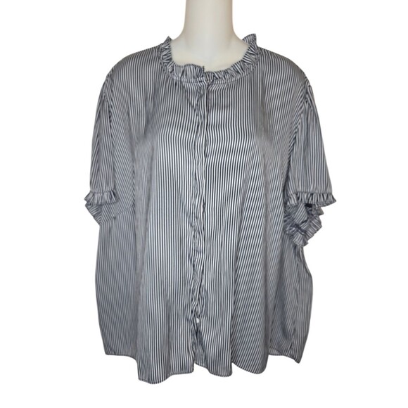 T Tahari Tops - T Tahari Women's 3X Striped Ruffle-Neck Blouse Black White Button-Down Top